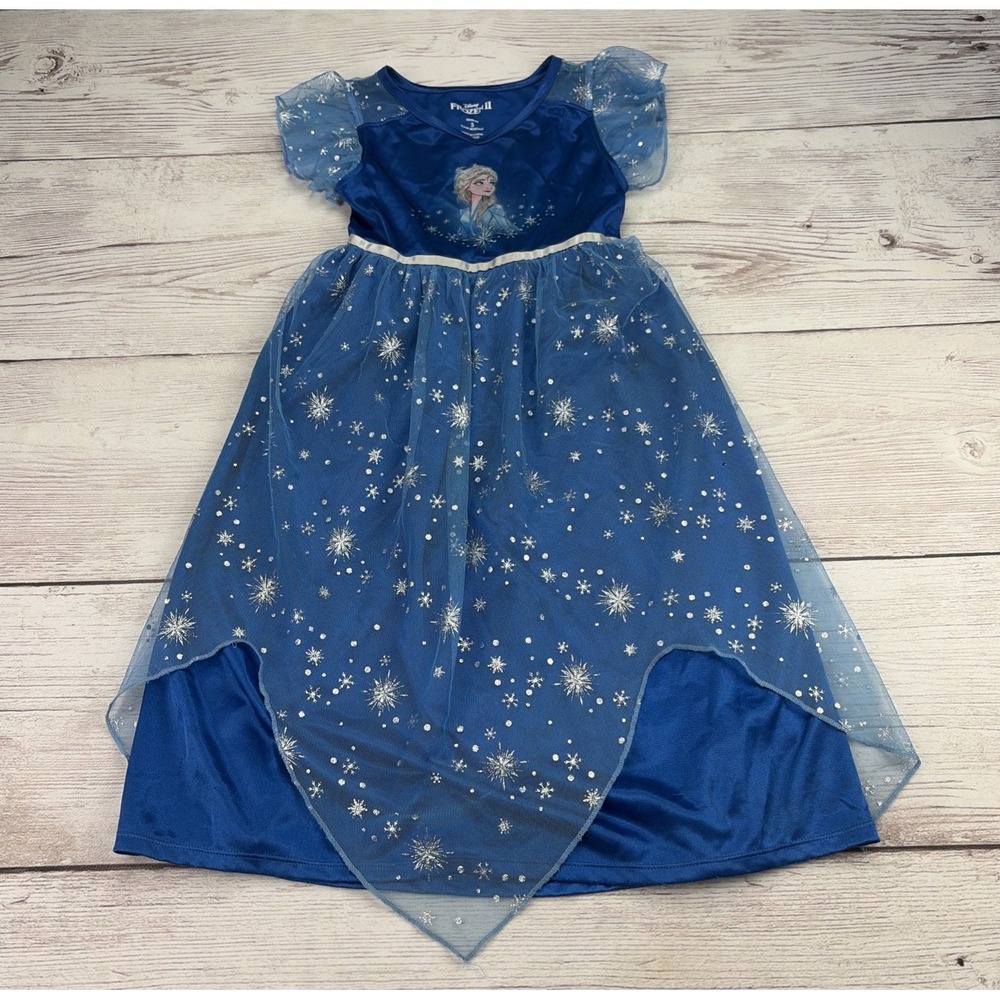 Disney Frozen II Elsa Girl's S Blue Snowflake Dress Short Sleeve Flame Resistant